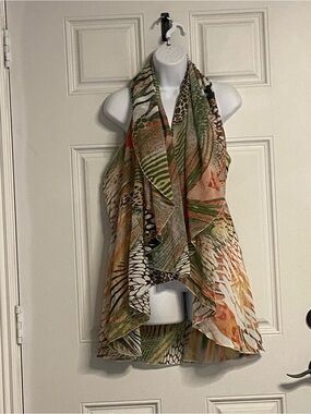 T39- “g” Earth Colors BlockPrint ARTSY Sleeveless Shawl Cardigan